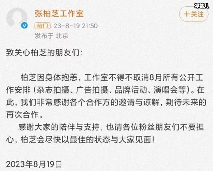 张柏芝取消8月所有工作安排